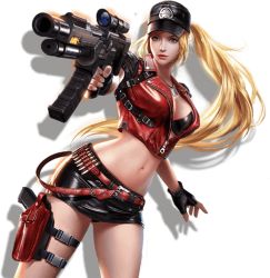 Rule 34 | 1girl, blonde hair, breasts, catelyn (contra), contra, contra: rebirth, gun, large breasts, midriff, official art, solo, weapon