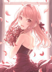 Rule 34 | 1other, :d, akiyama mizuki, backlighting, black dress, bouquet, bow, braid, brown bow, brown eyes, dress, fang, flower, from side, hair bow, hinata mizuiro, holding, holding bouquet, light brown hair, long hair, looking at viewer, open mouth, project sekai, shoulder blades, single braid, skin fang, sleeveless, sleeveless dress, smile, solo, upper body