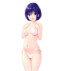 Rule 34 | 1girl, :d, absurdres, bikini, blue eyes, blue hair, breasts, cameltoe, cleft of venus, gluteal fold, highres, looking at viewer, marui koishi, medium breasts, navel, open mouth, original, short hair, side-tie bikini bottom, simple background, smile, solo, swimsuit, white background, white bikini