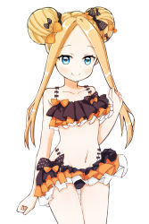 Rule 34 | 1girl, abigail williams (emerald float) (fate), abigail williams (fate), bare shoulders, bikini, black bikini, black bow, blonde hair, blue eyes, blush, bow, breasts, closed mouth, collarbone, double bun, emerald float, fate/grand order, fate (series), forehead, frilled bikini, frills, hair bow, hair bun, highres, kyouta (02squadstars), long hair, looking at viewer, multiple hair bows, navel, official alternate costume, orange bow, parted bangs, polka dot, polka dot bow, scrunchie, sidelocks, simple background, small breasts, smile, solo, swimsuit, thighs, white background, wrist scrunchie