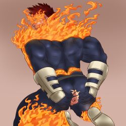 Rule 34 | 10s, 1boy, anus, arms behind back, ass, bara, bodysuit, boku no hero academia, closed mouth, endeavor (boku no hero academia), facial hair, fire, gloves, hands on ass, kneeling, looking at viewer, looking back, male focus, minatumi3723, muscular, red hair, shoes, short hair, simple background, skin tight, solo, spiked hair, endeavor (boku no hero academia), torn bodysuit, torn clothes, undressing
