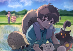 Rule 34 | 1boy, 1other, amamiya hibiya, aqua shirt, blue pants, blue sky, blurry, blurry background, brown eyes, brown hair, brown headwear, child, cloud, commentary request, creatures (company), crops, crossover, field, game freak, gen 1 pokemon, gen 3 pokemon, gen 6 pokemon, hair between eyes, hat, hat on back, highres, holding cloth, kagerou project, looking to the side, ludicolo, male focus, mokemoke chan, mountainous horizon, nintendo, omanyte, outdoors, pants, parted lips, pokemon, pokemon (creature), pumpkaboo, rice (plant), rice paddy, shirt, short hair, short sleeves, sky, solo focus, standing, straw hat, sweat, t-shirt, upper body, wiping sweat