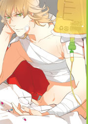 Rule 34 | 10s, 1boy, apatas, bad id, bad pixiv id, bandages, bandages, barnaby brooks jr., bed sheet, blanket, blonde hair, drugs, glasses, green eyes, intravenous drip, jacket, looking at viewer, male focus, medical, naked bandage, navel, no eyewear, pill, red jacket, topless male, sitting, solo, tiger &amp; bunny
