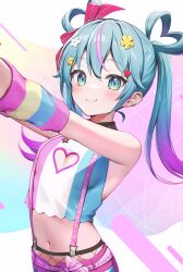 Rule 34 | 1girl, arm warmers, bare shoulders, blue hair, breasts, cleavage cutout, closed mouth, clothing cutout, collared shirt, commentary request, crop top, ear piercing, fishnets, gradient hair, green eyes, hair ornament, hair rings, hairclip, hatsune miku, heart, heart cutout, highres, long hair, looking at viewer, midriff, miku day, momoshiki tsubaki, multicolored hair, multicolored shirt, navel, outstretched arms, piercing, pink hair, revision, shirt, sidelocks, sleeveless, sleeveless shirt, small breasts, smile, solo, stomach, streaked hair, suspenders, twintails, upper body, vocaloid, white shirt