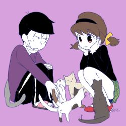 Rule 34 | 10s, 1boy, 1girl, alto168, bad id, bad pixiv id, black hair, bowl cut, brown hair, cat, hairband, hands on own face, jitome, low twintails, mask, matsuno ichimatsu, mouth mask, osomatsu-kun, osomatsu-san, osomatsu (series), purple background, sandals, short twintails, single vertical stripe, sitting, skirt, smile, squatting, surgical mask, turtleneck, twintails, yowai totoko