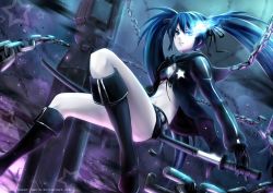 Rule 34 | 10s, 1girl, belt, bikini, bikini top only, bikini under clothes, black gloves, black rock shooter, black rock shooter (character), blue eyes, boots, chain, coat, copyright name, gloves, glowing, glowing eye, kazeo-yuurin, long hair, looking at viewer, midriff, navel, open clothes, open coat, pale skin, scar, short shorts, shorts, signature, solo, swimsuit, sword, twintails, very long hair, weapon
