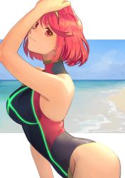 Rule 34 | 1girl, arm up, asagi (banzoku210), back cutout, bare shoulders, beach, black one-piece swimsuit, border, breasts, chest jewel, closed mouth, clothing cutout, competition swimsuit, curvy, drop earrings, earrings, from side, glowing lines, green one-piece swimsuit, highres, jewelry, large breasts, looking at viewer, looking to the side, multicolored clothes, multicolored swimsuit, ocean, one-piece swimsuit, pyra (pro swimmer) (xenoblade), pyra (xenoblade), red eyes, red hair, red one-piece swimsuit, short hair, simple background, solo, swept bangs, swimsuit, thighs, tiara, white border, xenoblade chronicles (series), xenoblade chronicles 2