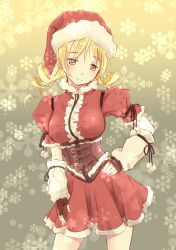 Rule 34 | 10s, 1girl, alternate costume, blonde hair, breasts, christmas, contrapposto, corset, detached sleeves, drill hair, fingerless gloves, gloves, hand on own hip, hat, long hair, mahou shoujo madoka magica, mahou shoujo madoka magica (anime), pleated skirt, santa costume, santa hat, skirt, smile, snow, solo, standing, tomoe mami, wa (genryusui), yellow eyes