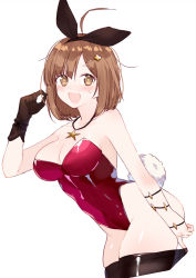 Rule 34 | 1girl, animal ears, atelier (series), atelier ryza, atelier ryza 1, black thighhighs, blush, breasts, brown eyes, brown hair, cleavage, collarbone, commentary request, detached collar, fake animal ears, fang, from side, gloves, hair ornament, hairclip, leaning forward, leotard, looking at viewer, open mouth, playboy bunny, rabbit ears, rabbit tail, reisalin stout, ryuuno6, see-through, single glove, solo, strapless, strapless leotard, tail, thighhighs, thighhighs pull, thighs, wrist cuffs