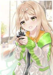 Rule 34 | 1girl, blonde hair, blush, bubble tea, cagasyo, cup, disposable cup, drinking straw, full-length zipper, green jacket, highres, holding, holding cup, indoors, jacket, long hair, long sleeves, low-tied sidelocks, neckerchief, official alternate costume, oodenta mitsuyo (tenka hyakken), open mouth, sailor collar, school uniform, short eyebrows, skirt, smile, solo, tenka hyakken, upper body, yellow eyes, yellow sailor collar, zipper