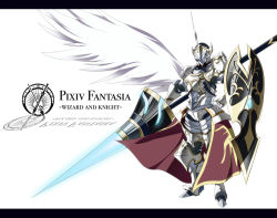 Rule 34 | 1boy, armor, breastplate, full armor, gauntlets, greaves, helmet, horns, km yama, knight, lance, letterboxed, male focus, pauldrons, pixiv fantasia, pixiv fantasia wizard and knight, polearm, shield, shoulder armor, single horn, single wing, solo, weapon, white background, wings