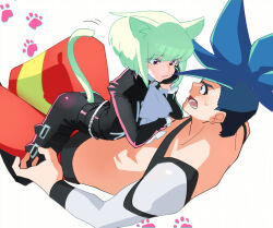 Rule 34 | 2boys, :3, animal ears, ascot, ass, asymmetrical hair, baggy pants, belt, black jacket, black pants, black wristband, blue eyes, blue hair, cat boy, cat ears, cat tail, detached sleeves, galo thymos, green hair, hand on own face, jacket, kemonomimi mode, lio fotia, lying, lying on person, male focus, mohawk, multiple belts, multiple boys, ns1123, on back, on stomach, open mouth, pants, paw print, promare, purple eyes, red pants, short hair, sidecut, simple background, single detached sleeve, surprised, sweatdrop, tail, topless male, trap, undercut, white ascot, white background, yaoi