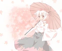 Rule 34 | 1girl, animal ears, bare shoulders, detached sleeves, female focus, floral background, flower, gradient background, hat, inubashiri momiji, leaf, looking at viewer, maple leaf, pale color, red eyes, shino megumi, short hair, skirt, smile, solo, tokin hat, touhou, umbrella, white background, white hair, wolf ears