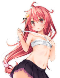 Rule 34 | 10s, 1girl, ahoge, blush, chest sarashi, contrapposto, crescent, crescent hair ornament, flat chest, hair ornament, hair ribbon, imachi (staccato squirrel), kantai collection, long hair, looking at viewer, open mouth, rabbit hair ornament, red eyes, red hair, ribbon, sarashi, simple background, skirt, solo, standing, uzuki (kancolle), white background