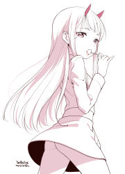 Rule 34 | 1girl, ass, blush, candy, chupa chups, darling in the franxx, fang, food, holding, horns, kanya pyi, lips, lollipop, long hair, long sleeves, monochrome, sexually suggestive, simple background, skirt, solo, upskirt, walking, white background, zero two (darling in the franxx)