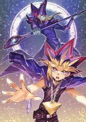 Rule 34 | 2boys, belt, blonde hair, bright pupils, chain, chain necklace, collar, commentary request, dark magician, dyed bangs, fushitasu, jacket, jacket on shoulders, jewelry, looking at viewer, male focus, millennium puzzle, multiple boys, necklace, open mouth, outline, pants, purple eyes, purple hair, shirt, spiked hair, spread fingers, teeth, tongue, watermark, white pupils, wizard, yami yugi, yu-gi-oh!, yu-gi-oh! duel monsters