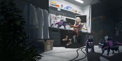 Rule 34 | 1girl, 3d printer, absurdres, arknights, armband, black gloves, black pantyhose, black sweater, boots, box, breasts, cabinet, cable, cardboard box, ceiling light, chair, clothes hanger, clothes rack, crossed legs, folder, gloves, grey hair, high tops, highres, indoors, jacket, lab coat, long hair, mayer (arknights), medium breasts, monitor, office chair, open clothes, open jacket, orange jacket, pantyhose, plant, power drill, robot, screwdriver, shoes, sitting, sneakers, solo, sweater, swivel chair, tail, wrench, yakupan