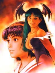 Rule 34 | 2girls, asamiya athena, bare shoulders, breasts, capcom, capcom vs snk, capcom vs snk 2, cleavage, demon girl, elbow gloves, gloves, green eyes, green hair, hairband, head wings, headband, large breasts, long hair, mori toshiaki, morrigan aensland, multiple girls, official art, pantyhose, psycho soldier, realistic, red hairband, snk, the king of fighters, the king of fighters &#039;99, vampire (game), wings