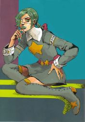 Rule 34 | 1girl, absurdres, annie (cosplay), annie (skullgirls), araki hirohiko (style), armband, belt, belt pouch, boots, braid, character name, cosplay, derivative work, dress, english text, eyelashes, eyepatch, gats (nougats), grabbing another&#039;s chin, green hair, green lips, hair over one eye, hand on own hip, head rest, highres, jojo no kimyou na bouken, lips, lipstick, makeup, parody, pouch, reverge labs, sagan (skullgirls), sitting, skullgirls, star (symbol), style parody, thigh boots, thighhighs, twin braids, yellow eyes, zettai ryouiki
