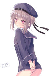 Rule 34 | 1girl, absurdres, arms behind back, artist logo, black dress, black hat, black sailor collar, brown hair, clothes writing, cowboy shot, dress, from behind, hat, hat ribbon, highres, hizaka, looking at viewer, one-hour drawing challenge, red eyes, ribbon, sailor collar, sailor dress, sailor hat, short dress, short hair, simple background, solo, white background, z3 max schultz (kancolle)