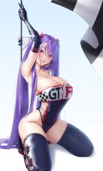 Rule 34 | 1girl, absurdres, arms up, bare shoulders, black gloves, black thighhighs, breasts, checkered flag, cleavage, collarbone, elbow gloves, flag, gloves, hair between eyes, hair ribbon, highleg, highleg leotard, highres, kneeling, large breasts, leotard, lips, long hair, looking at viewer, orange eyes, original, parted lips, purple hair, race queen, red ribbon, ribbon, silver tokki, simple background, solo, thighhighs, twintails, very long hair