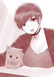 Rule 34 | 1girl, blurry, blush, breast press, breasts, cat, ceiling, choker, cleavage, collarbone, commentary, computer, depth of field, happy, highres, indoors, jacket, laptop, large breasts, long sleeves, looking at viewer, monochrome, norman maggot, office lady, olive laurentia, original, pixie cut, ribbed shirt, sepia, shirt, short hair, smile, upper body