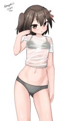 Rule 34 | 1girl, absurdres, bra visible through clothes, breasts, brown eyes, contrapposto, dated, feet out of frame, gluteal fold, grey panties, hair ornament, hairclip, highres, kantai collection, maru (marg0613), one-hour drawing challenge, panties, see-through, see-through shirt, sendai (kancolle), sendai kai ni (kancolle), shirt, simple background, small breasts, standing, t-shirt, twitter username, two side up, underwear, white background