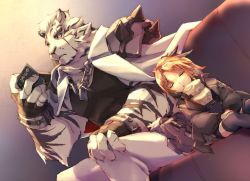 Rule 34 | 1boy, 1girl, arknights, armor, backlighting, black tank top, black thighhighs, blonde hair, blue eyes, bracelet, cape, chain necklace, closed eyes, commentary request, couch, e-bushi, feather hair ornament, feathers, furry, furry male, giant, hair ornament, hand on own knee, highres, indoors, jacket, jewelry, leaning on person, long hair, long sleeves, looking at another, medal, mountain (arknights), muscular, muscular male, necklace, oversized clothes, pants, parted lips, pinecone (arknights), ponytail, puffy sleeves, shirt, shoulder armor, sitting, sleeping, sleeveless, sleeveless shirt, spiked bracelet, spikes, tank top, thighhighs, tiger, white cape, white pants, white tiger, zettai ryouiki