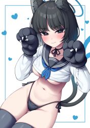 Rule 34 | 1girl, absurdres, animal ear fluff, animal ears, animal hands, bikini, black hair, black panties, black thighhighs, blue archive, blue neckerchief, blush, breasts, bright pupils, cat ears, cat tail, collarbone, cropped shirt, dated commentary, gloves, groin, halo, heart, heart background, highleg, highleg panties, highres, kikyou (blue archive), looking at viewer, medium breasts, metaljelly, neckerchief, no pants, panties, paw gloves, paw pose, school uniform, serafuku, side-tie bikini bottom, solo, stomach, string around neck, swimsuit, tail, thigh gap, thighhighs, underboob, underwear, white pupils
