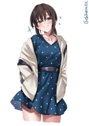 Rule 34 | 1girl, belt, blue dress, blush, brown hair, collarbone, cropped legs, dress, ebifurya, fubuki (kancolle), grey eyes, grin, hands in pockets, highres, jacket, kantai collection, looking at viewer, medium hair, one-hour drawing challenge, open clothes, open jacket, polka dot, polka dot dress, raised eyebrows, sidelocks, simple background, smile, solo, sparkle, thighs, twitter username, white background, white jacket