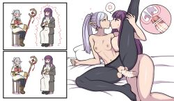 Rule 34 | 2girls, anger vein, angry, angry sex, bar censor, blunt bangs, blush, book, breasts, bulge, capelet, censored, cervix, cross-section, cum, cum in pussy, deep penetration, dress, earrings, ejaculation, elf, erection, erection under clothes, fern (sousou no frieren), frieren, futa with female, futanari, green eyes, grey hair, grimoire, highres, holding, internal cumshot, jewelry, karei (otachi18), large breasts, long hair, long sleeves, multiple girls, pantyhose, penis, pillow, pointy ears, purple eyes, purple hair, sex, sidelocks, simple background, small breasts, sousou no frieren, staff, torn clothes, torn pantyhose, twintails, uterus, vaginal, white background, white capelet, white dress, white hair