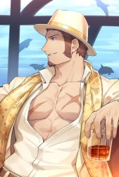 Rule 34 | 00047, 1boy, abs, arm support, bara, beige shirt, belt, blue eyes, brown hair, covered abs, cross scar, cup, dolphin, facial hair, fate/grand order, fate (series), formal, goatee, hat, highres, ladies &amp; gentlemen (fate/grand order), light, light smile, long sideburns, long sleeves, looking to the side, male focus, muscular, muscular male, napoleon bonaparte (fate), official alternate costume, open clothes, open shirt, pectoral cleavage, pectorals, scar, scar on chest, scarf, shadow, short hair, sideburns, sitting, smile, solo, suit, unbuttoned, upper body, yellow scarf