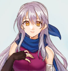 Rule 34 | 1girl, black gloves, blue background, blue scarf, commentary request, dress, fingerless gloves, fire emblem, fire emblem: radiant dawn, gloves, grey hair, hand on own chest, hazuki (nyorosuke), highres, long hair, looking at viewer, micaiah (fire emblem), nintendo, purple dress, scarf, simple background, sleeveless, sleeveless dress, smile, solo, upper body, very long hair, yellow eyes