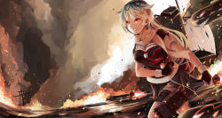 Rule 34 | 10s, 1girl, absurdres, breasts, commentary request, cowboy shot, embers, fire, gloves, gradient hair, grin, hair flaps, hair ornament, hair ribbon, hairclip, highres, holding, kantai collection, long hair, mecha musume, messy hair, multicolored hair, neckerchief, ocean, outdoors, parted lips, red eyes, ribbon, scarf, school uniform, serafuku, short sleeves, smile, smoke, solo, torpedo, twitter username, water, wreckage, yurix, yuudachi (kancolle), yuudachi kai ni (kancolle)