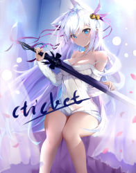 Rule 34 | 1girl, absurdres, animal ear fluff, animal ears, antenna hair, artist name, bare shoulders, bell, blue eyes, blush, breasts, cat ears, cat girl, closed mouth, collarbone, cticket, dress, eyelashes, floating hair, hair bell, hair between eyes, hair ornament, head tilt, highres, holding, holding sword, holding weapon, jingle bell, large breasts, long hair, long sleeves, looking at viewer, medium breasts, off-shoulder dress, off-shoulder sweater, off shoulder, original, petals, purple ribbon, ribbed sweater, ribbon, short dress, sidelocks, silver hair, sitting, smile, solo, sweater, sweater dress, sword, very long hair, weapon, white dress, white sweater, wind