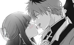 Rule 34 | 1boy, 1girl, blush, candy, chiroru shimai, closed mouth, eye contact, face-to-face, fern (sousou no frieren), food, from side, hair ornament, half updo, hetero, highres, jacket, long hair, looking at another, monochrome, multicolored hair, open mouth, portrait, profile, saliva, shared food, sharing food, short hair, simple background, sousou no frieren, spot color, stark (sousou no frieren), straight hair, streaked hair, toggles, weapon, weapon on back
