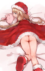 Rule 34 | 1girl, ass, bed sheet, blonde hair, blush, boots, bottomless, c.cu, christmas, cloak, fur-trimmed boots, fur-trimmed cloak, fur-trimmed headwear, fur trim, futaba anzu, hat, idolmaster, idolmaster cinderella girls, kneepits, long hair, looking at viewer, looking back, low twintails, lying, on stomach, open mouth, profile, red cloak, red footwear, red hat, santa hat, solo, stuffed animal, stuffed rabbit, stuffed toy, sweat, twintails, very long hair, yellow eyes