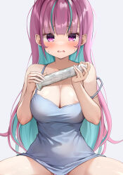 Rule 34 | 1girl, ahoge, areola slip, bare shoulders, blue hair, blush, breasts, cleavage, colored inner hair, dildo, highres, hololive, large breasts, long hair, looking at viewer, minato aqua, multicolored hair, open mouth, otokucha, purple eyes, purple hair, sex toy, shirt, sleeveless, sleeveless shirt, solo, streaked hair, two-tone hair, virtual youtuber, white shirt