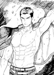Rule 34 | 1boy, abs, absurdres, alternate pectoral size, arm up, bara, bare pectorals, cowboy shot, cross scar, facial scar, fiery horns, forked eyebrows, gakuran, greyscale, hair slicked back, hatching (texture), highres, horns, itaru (kidomh63), linear hatching, looking at viewer, male focus, monochrome, muscular, muscular male, navel, nipples, no shirt, pectorals, sakimori toji, scar, scar on cheek, scar on face, school uniform, solo, standing, stomach, thick eyebrows, tokyo houkago summoners