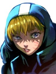 Rule 34 | 1girl, anemia kwus, animification, apex legends, blonde hair, blue bodysuit, blue eyes, blue jacket, bodysuit, facial scar, highres, hood, hood up, hooded bodysuit, jacket, looking to the side, parted lips, portrait, scar, scar on cheek, scar on face, shadow, simple background, solo, wattson (apex legends), white background