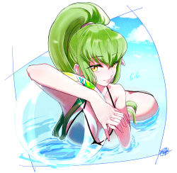 Rule 34 | 1girl, 2021, absurdres, ass, ball, beachball, bikini, breasts, butt crack, c.c., character name, cleavage, code geass, collarbone, dated, downpants, green hair, hair between eyes, halterneck, high ponytail, highres, large breasts, long hair, noppo, parted lips, partially submerged, sideboob, signature, solo, summer, swimsuit, very long hair, white bikini, yellow eyes