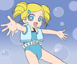 Rule 34 | 00s, 1girl, belt, blonde hair, blue eyes, bubble, drill hair, goutokuji miyako, hair ornament, hairclip, jacket, long hair, open mouth, outstretched arms, powerpuff girls, powerpuff girls z, rolling bubbles, solo, spread arms, swimsuit, twin drills, twintails, vest