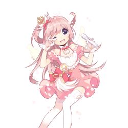 Rule 34 | 1girl, badge, blue eyes, dress, gloves, hair ornament, hand on own face, holding, holding microphone, long hair, looking at viewer, microphone, numbered, official art, one side up, open mouth, pink hair, pink theme, short sleeves, solo, tears, thighhighs, transparent background, uchi no hime-sama ga ichiban kawaii, white gloves, white thighhighs, wince, wings, wiping tears