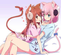 Rule 34 | 2girls, animal ear fluff, animal ears, bare shoulders, blouse, blue bow, blue shirt, bow, breast press, breasts, cat ears, cat girl, cat tail, chiyoda momo, cleavage, collarbone, commentary request, curled horns, demon horns, gradient background, hair bow, hair ornament, heart, highres, horns, kemonomimi mode, large breasts, long hair, looking at another, machikado mazoku, mel (melty pot), multiple girls, off-shoulder shirt, off shoulder, open mouth, pink hair, pink shirt, purple background, red bow, red eyes, red hair, shirt, short hair, short sleeves, t-shirt, tail, tail bow, tail ornament, x hair ornament, yoshida yuuko (machikado mazoku), yuri