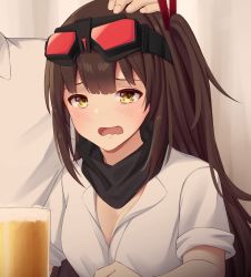 Rule 34 | 1girl, 1other, act (xadachit), alcohol, beer, beer mug, black scarf, blush, breasts, brown hair, cleavage, collared shirt, commentary, cup, girls&#039; frontline, girls&#039; frontline 2: exilium, goggles, goggles on head, hair ornament, headpat, highres, long hair, mayling shen (girls&#039; frontline 2), medium breasts, mug, one side up, open mouth, out of frame, scarf, shirt, sleeves rolled up, tearing up, tears, upper body, wavy mouth, white shirt, yellow eyes