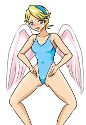 Rule 34 | 1girl, angel wings, artist request, bare shoulders, blonde hair, blush, breasts, breath of fire, breath of fire iv, hairband, leotard, meme, nina (breath of fire iv), open mouth, short hair, smile, solo, swimsuit, white background, white wings, wings