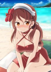 Rule 34 | 10s, 1girl, beach, blush, breasts, brown eyes, brown hair, cleavage, cloud, day, flower, hair flower, hair ornament, italian flag, kantai collection, large breasts, littorio (kancolle), ocean, outdoors, sarong, sitting, sky, smile, solo, swimsuit, tonari (ichinichime azuma), underboob, water