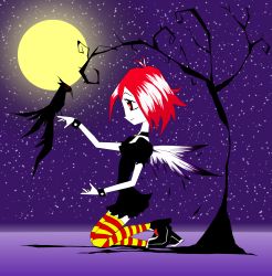 Rule 34 | 1girl, angel, animal, bird, black dress, black theme, cuffs, dress, goth fashion, highres, jewelry, moon, necklace, night, pale skin, profile, red eyes, red hair, ruby gloom, ruby gloom (character), shoes, sky, smile, star (symbol), tree, vector trace, wings