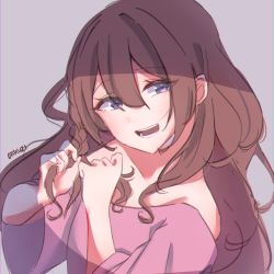 Rule 34 | 1girl, braid, brown hair, commentary, english commentary, grey background, hair behind ear, highres, holding, holding own hair, indie virtual youtuber, looking to the side, nina saotome, off shoulder, open mouth, otakuun z6, pink shirt, portrait, purple eyes, shirt, side braid, smile, solo, virtual youtuber