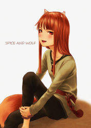 Rule 34 | 1girl, animal ears, black pants, brown hair, copyright name, fang, green shirt, grey background, grin, highres, holo, hotateyuki, jewelry, knee up, long hair, long sleeves, looking at viewer, necklace, no tail, open mouth, pants, pouch, red eyes, shirt, simple background, sitting, smile, solo, spice and wolf, teeth, wolf ears, wolf tail